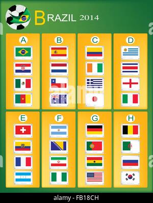 Brazil 2014 Group, The Flags of 32 Nations of Football or Soccer Championship in Final Tournament at Brazil. Stock Vector