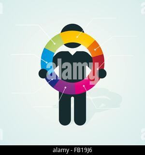 black silhouette of a man holds color pie chart Stock Vector