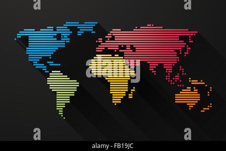 Simple colorful map of the world created by lines with long shadows Stock Vector