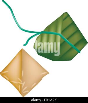 An Illustration of Asian Chinese Rice Dumplings or Zongzi Wrapped with Bamboo Leaf for Pay Respect to God in Chinese New Year or Stock Vector