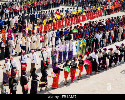 Manau Dance, traditional ceremony of Kachin people to celebrate Kachin National Day in Myitkyina, Myanmar Stock Photo