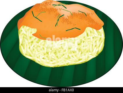 Thai Dessert, An Illustration of Sweet Sticky Rice Topped with Fried Shrimp and Shred Coconut on Green Banana Leaf. Stock Vector