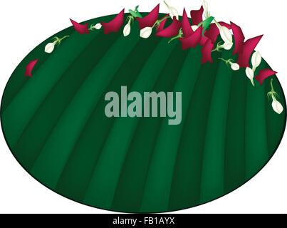 Beautiful Flower, An Illustration Fresh Corolla of Red Roses and White Jasmines on Green Banana Leaf Isolated on A White Backgro Stock Vector