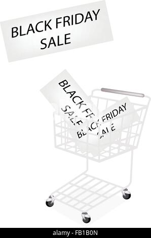 Shopping Cart with Black Friday Sale Label, Sign for Start Christmas Shopping Season and Biggest Discount Promotion in A Year. Stock Vector