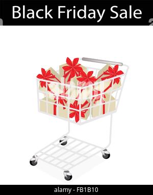 Shopping Cart with Black Friday Sale Banner, Sign for Start Christmas Shopping Season and Biggest Discount Promotion in A Year. Stock Vector