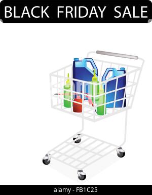 A Shopping Cart Full with Various Size of Engine Oil or Motor Oil Packaging for Black Friday Shopping Season and Biggest Discoun Stock Vector