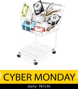 A Shopping Cart Full with Set of Hardware Computer for Cyber Monday Shopping Season and Biggest Discount Promotion in A Year. Stock Vector