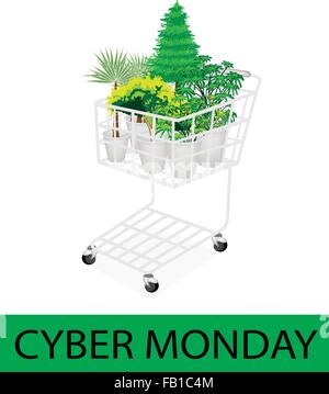 A Shopping Cart Full with Variety of Plants, Evergreens and Green Trees for Cyber Monday Shopping Season and Biggest Discount Pr Stock Vector