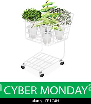 A Shopping Cart Full with Variety of Plants, Evergreens and Trees for Cyber Monday Shopping Season and Biggest Discount Promotio Stock Vector