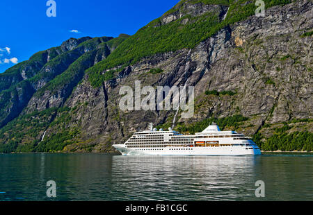 Cruise ship MS Sliver Whisper in Geirangerfjord in Geiranger, UNESCO World Heritage site, Norway Stock Photo
