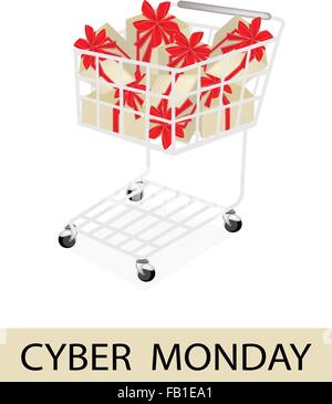 Shopping Cart with Cyber Monday Sale Banner, Sign for Start Christmas Shopping Season and Biggest Discount Promotion in A Year. Stock Vector