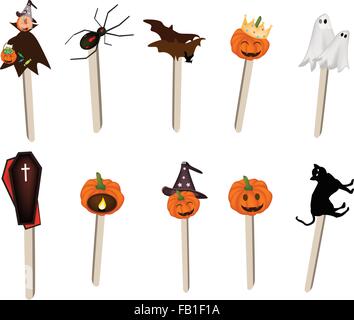 Illustration Collection of Halloween Evils and Halloween Items on Wooden Sticks for Halloween Celebration. Stock Vector