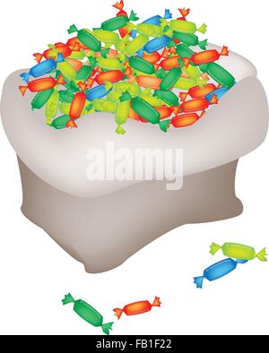 Colorful Wrapped Hard Candies in A Canvas Bag Isolated on A White Background. Stock Vector