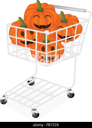 Stack of Happy Jack-o-Lantern Pumpkins in Shopping Cart, Sign For Halloween Celebration. Stock Vector