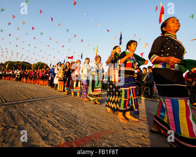 Manau Dance, traditional ceremony of Kachin people to celebrate Kachin National Day in Myitkyina, Myanmar Stock Photo