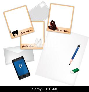 A Sharpened Pencil, Eraser and  Halloween Photo Frame Lying on Blank Paper with A Postcard, Envelope and Smartphone for Hallowee Stock Vector