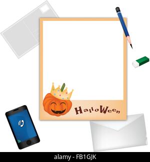 A Sharpened Pencil and Eraser Lying on Halloween Photo Frame with A Postcard, Envelope and Smartphone for Halloween Celebration. Stock Vector