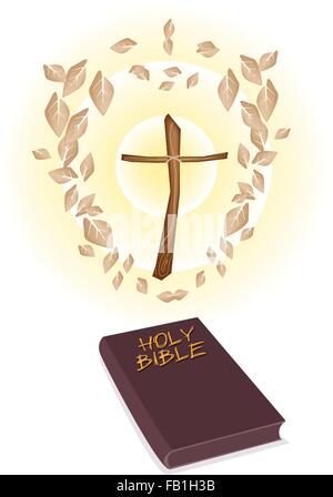An Illustration of Dried Leaves Around A Wooden Cross with Brown Covered Bible Isolated on White Background, The Foundation of C Stock Vector