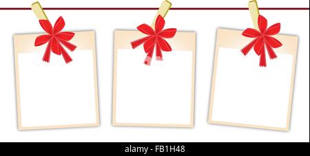 Illustration of Three Blank Instant Photo Prints or Polaroid Frames Hanging on Red Bows Clothespins, Copy Space for Text Decorat Stock Vector