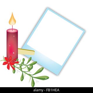 Illustration of Blank Instant Photo Print or Polaroid Frame with Mistletoe Bunch and Christmas Candles, For Christmas Celebratio Stock Vector