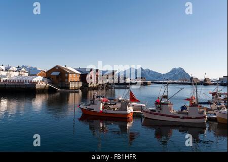 Fishing boats in harbour, Svolvaer, Lofoten Islands, Norway Stock Photo