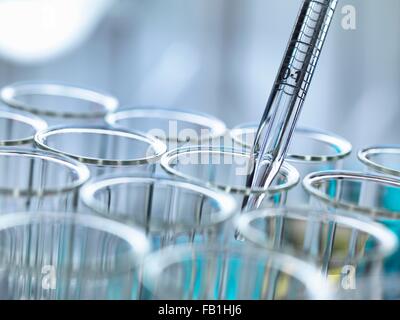 Cropped view of graduated pipette pipetting liquid into test tubes Stock Photo