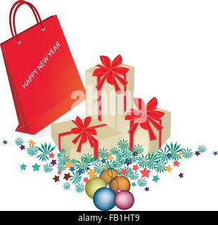 Red Shopping Bag or Gift Bag with Gift Boxes and Christmas Balls or Christmas Ornaments Decorated, Perfect Gift or Present in Ch Stock Vector