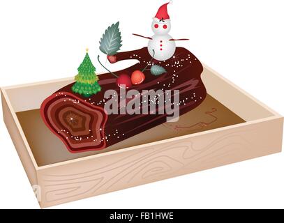 A Traditional Christmas Cake, Yule Log Cake or Buche de Noel in Wooden Box for Christmas Celebration. Stock Vector