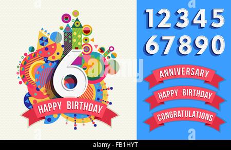 Happy birthday card template with vibrant color fun shapes. Includes number set, anniversary and congratulations labels. EPS10 Stock Vector