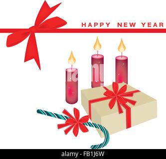 Illustration of Gift Boxes, Candy Canes and Christmas Candles on New Year Greeting Card. Stock Vector