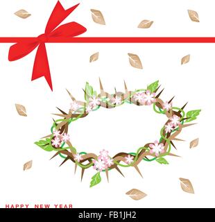 An Illustration Crown of Thorns with Fresh Green Leaves and Pink Flower on Greeting Card, A Perfect Gift or Present for Someone Stock Vector