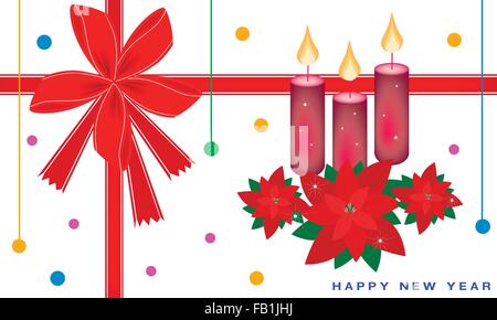 An Illustration Red Poinsettia Plants with Three Christmas Candles on Greeting Card, Sign for Christmas Celebration. Stock Vector