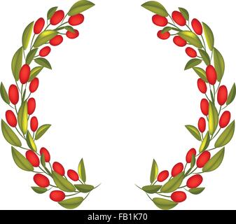 Illustration of Crown or Laurel Wreath of Fresh Green Olive and Leaves with Red Berries Isolated on White Background. Stock Vector