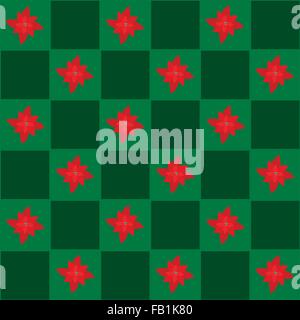 An Illustration Seamless Patterns of Lovely Christmas Poinsettia Flower in Green and Dark Green Chess Board, Sign for Christmas Stock Vector