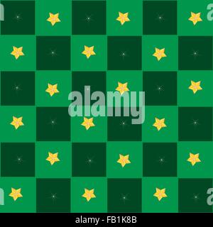 An Illustration Seamless Patterns of Golden Stars in Green and Dark Green Chess Board, Sign for Christmas Celebration. Stock Vector