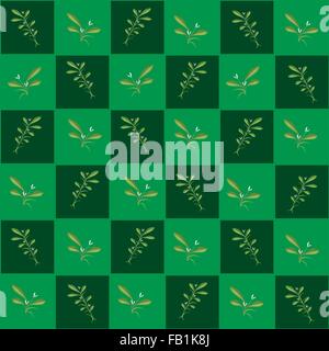 An Illustration Seamless Patterns of Mistletoe Bunch or Viscum Album in Green and Dark Green Chess Board, Sign for Christmas Cel Stock Vector
