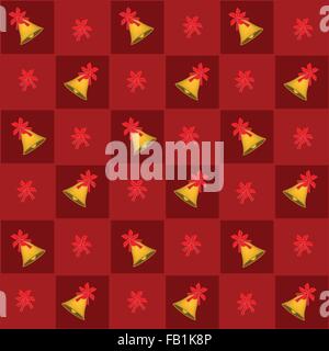 An Illustration Seamless Patterns of Golden Bell in Red and Orange Chess Board, Sign for Christmas Celebration. Stock Vector