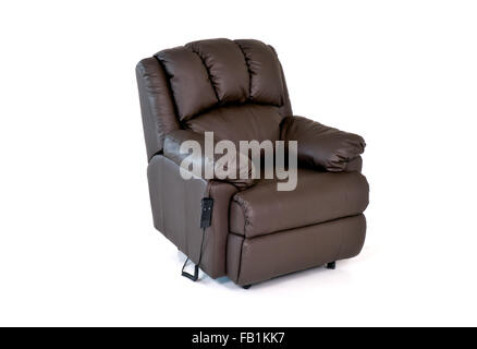 Brown reclining leather chair with controls on white background Stock Photo