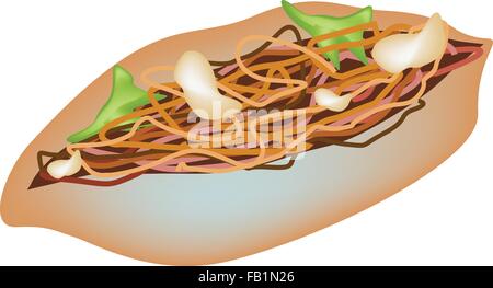Japanese Food, Yakisoba Pan or Fried Noodle with Yakisoba Sauce in Sandwich Bun Isolated on White Background. Stock Vector