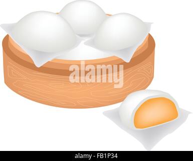 Traditional Japan, Illustration of Chinese Steamed Bun Stuffed With Custard Cream in Bamboo Basket or Chinese Bamboo Steamer. Stock Vector