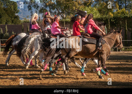 Multiracial adult women ride their horses at full gallop at an equestrian meet in Laguna Woods, CA. Stock Photo