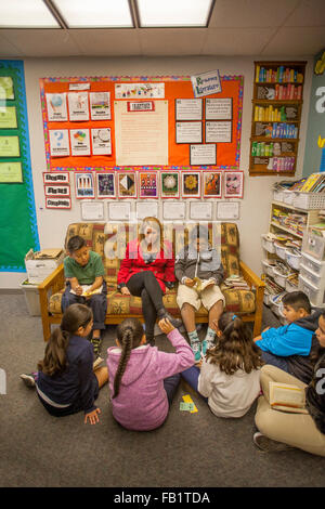 An elementary school teacher holds a reading seminar for her Hispanic students in the corner of her classroom in San Clemente, CA. Note posters describing reading goals and book nook at right. Stock Photo