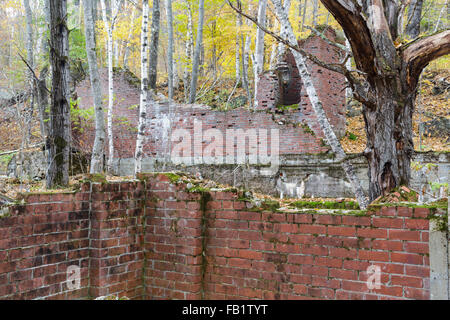 Remnants of the powerhouse in the abandoned village of Livermore, New Hampshire during the autumn months. This was a logging village. Stock Photo