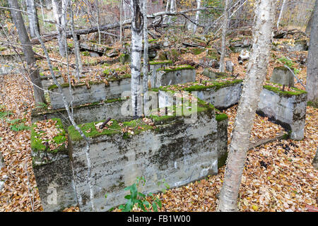 Remnants of the sawmill in the abandoned village of Livermore, New Hampshire during the autumn months. This was a logging village. Stock Photo