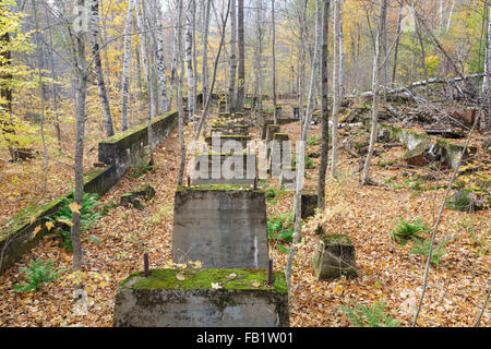 Remnants of the sawmill in the abandoned village of Livermore, New Hampshire during the autumn months. This was a logging village. Stock Photo