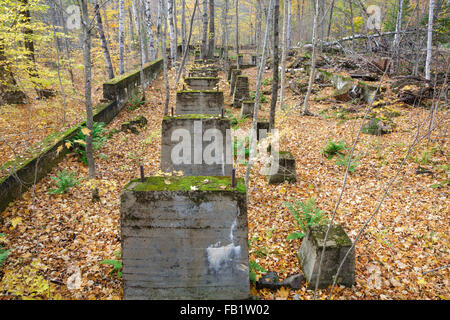 Remnants of the sawmill in the abandoned village of Livermore, New Hampshire during the autumn months. This was a logging village. Stock Photo