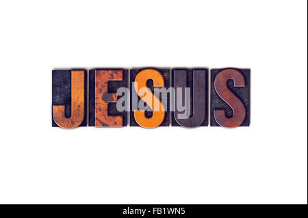 The word 'Jesus' written in isolated vintage wooden letterpress type on a white background. Stock Photo