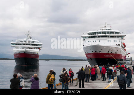 Tourist waiting Hurtigruten cruise ships in Molde, Norway Stock Photo