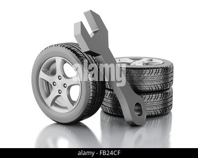 3d renderer illustration. Wheel cars and wrench. Service concept. Isolted white background. Stock Photo