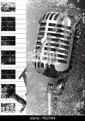 Black and white piano keys and microphone set on a jazz grunge background Stock Vector